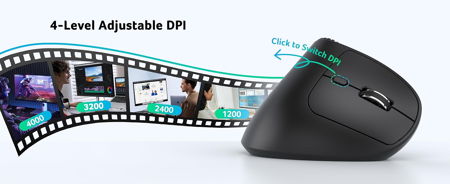 Text reads '4-Level Adjustable DPI'. Black computer mouse with ergonomic design shown against decorative film strip background pattern.