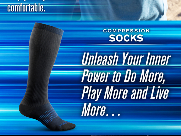 Compression socks with slogan ‘Unleash your inner power’ on blue motion background.