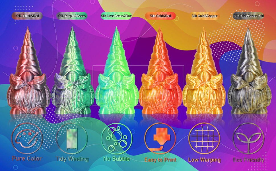 6 Spools Bicolor Dual Color 1.75mm 3D Printer Filament Bundle, 3D Printing Silk PLA