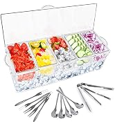 FODIENS 5 Compartment Condiment Server, Ice Chilled Condiment Containers with Lid, Clear Condimen...