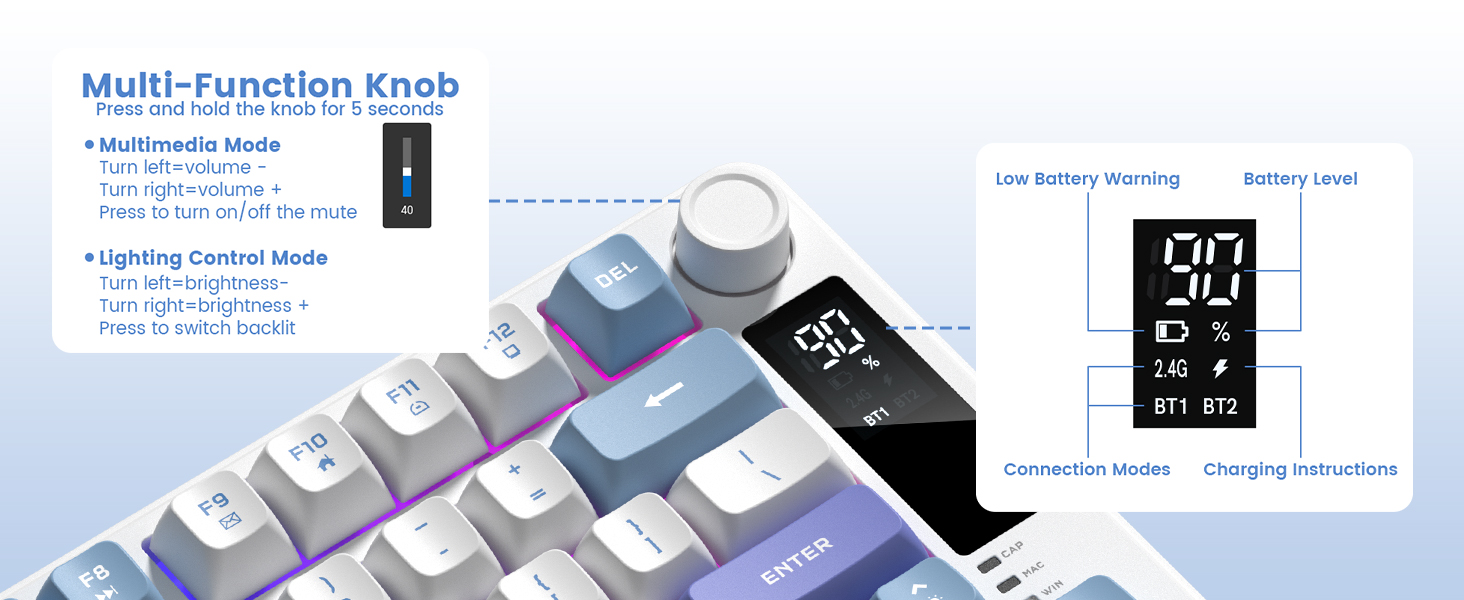 mechanical keyboard featuring a multi-function knob and a small display screen