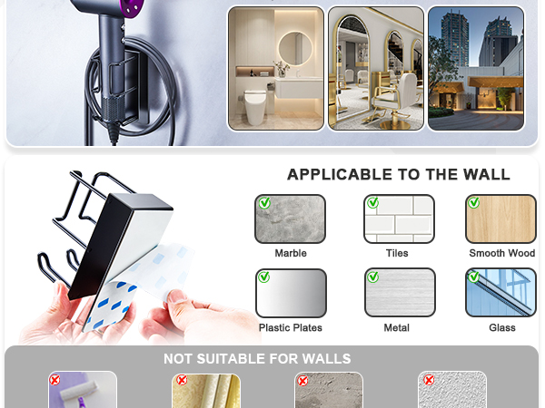 Text reads 'APPLICABLE TO THE WALL' with surface compatibility guide showing options for Marble, Tiles, Smooth Wood, Plastic Panel, Metal, and Glass. 'NOT SUITABLE FOR WALLS' section below.
