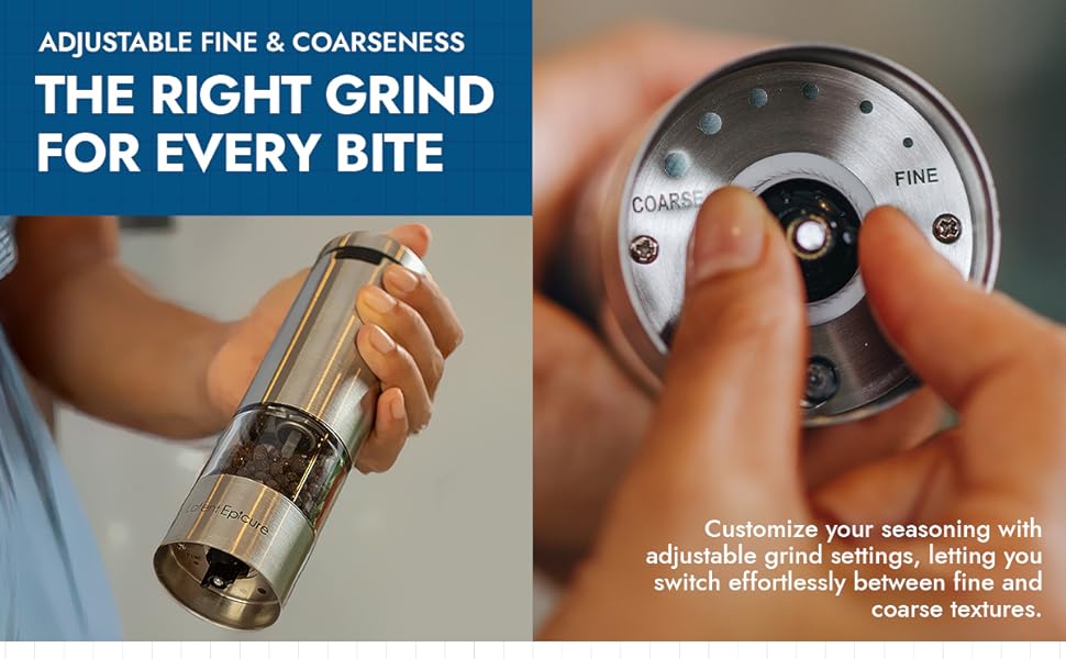 Latent Epicure grinder in hand with close-up of adjustable dial for fine and coarse grind control
