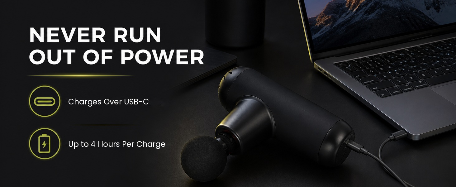 Mini massage gun charging over USB-C, up to 4 hours per charge