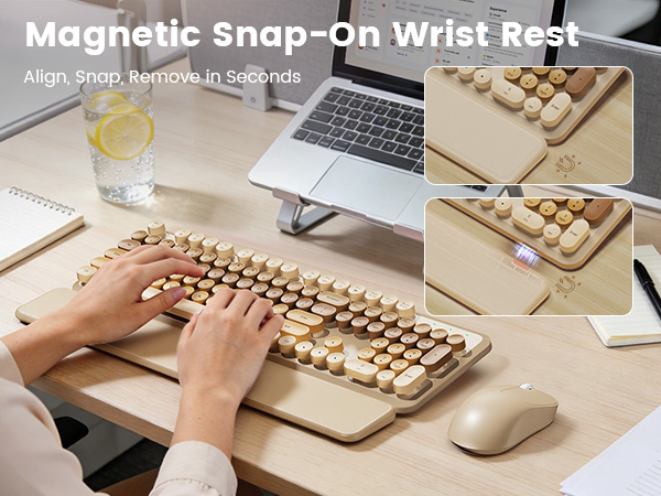 wireless keyboard with magnetic snap on wrist rest shown attaching and removing in seconds