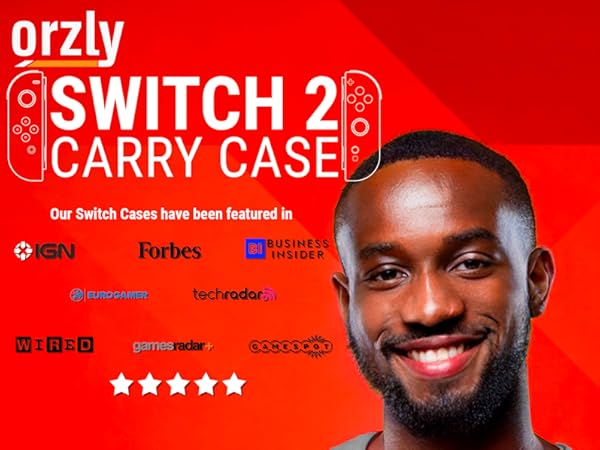A man holding an Orzly Nintendo Switch 2 Case that can hold your Switch 2 and Switch 2 accessories