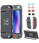 Switch 2 Case Dockable Protective Shell Clear Hard Cover with Tempered Glass Screen Protector and...