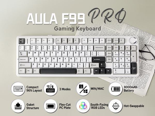 Text reads "AULA F99 PRO Gaming Keyboard" with feature icons below showing specifications. White mechanical gaming keyboard with black keys, displayed with mouse, showing RGB backlit keys and programmable functions.