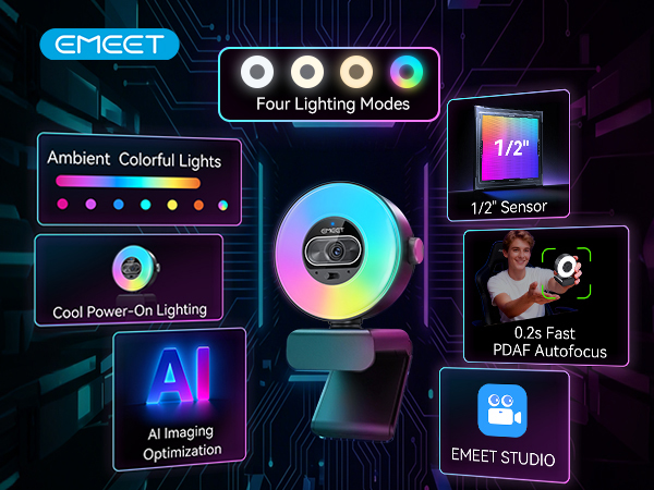 EMEET S600L 4K Webcam for Streaming with Ring Light
