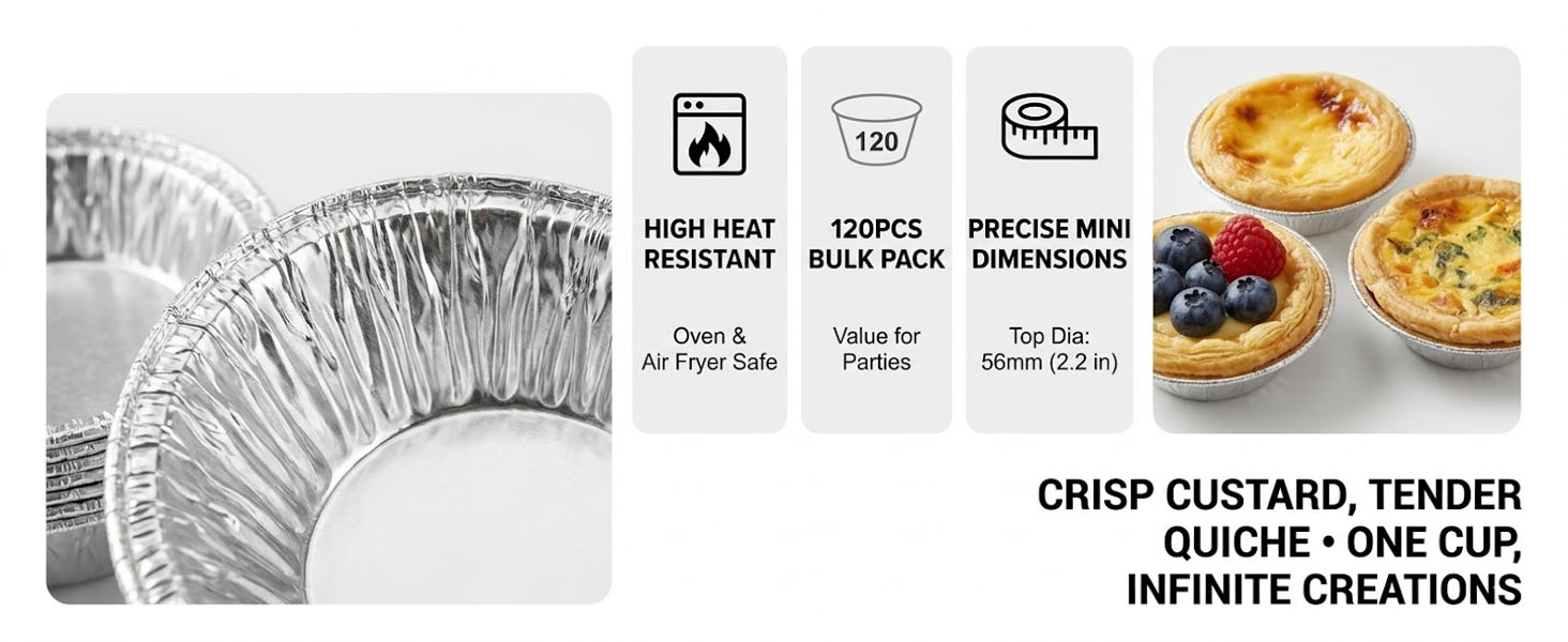 Oven and air fryer safe mini foil pans, sturdy thick foil cups for quiche.