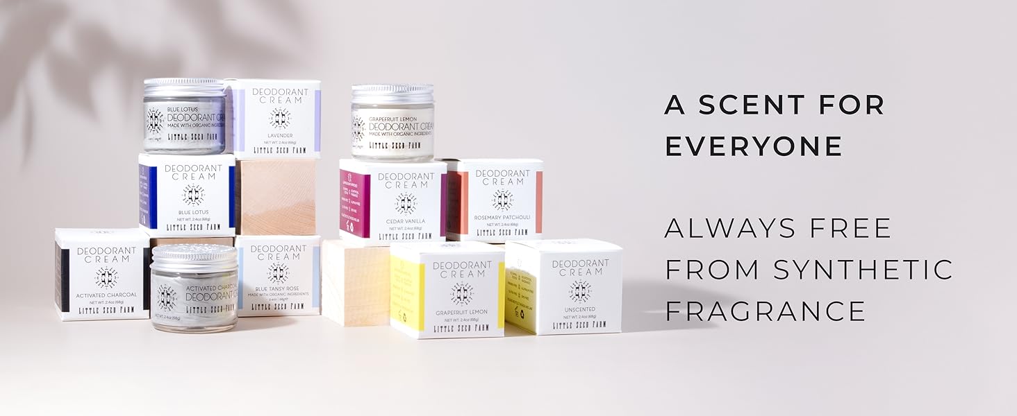 Assorted jars and boxes of Little Seed Farm deodorant cream in various scents
