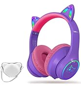 LOBKIN Bluetooth 5.4 Kids Headphones with Case - RGB LED Light Up Cat Ears Foldable Adjustable Ov...
