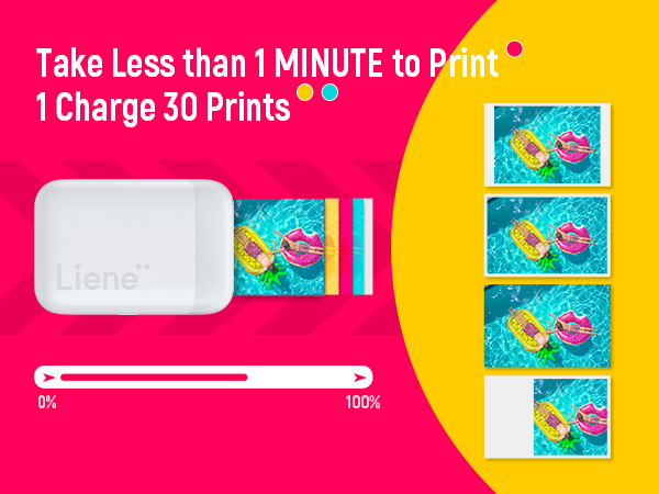 Portable photo printer device shown in white, displaying rapid print capability with sample pool float images and progress bar interface.