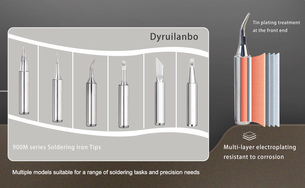 Includes 6 different soldering tips, Conical (IS I B), Knife (K), Beveled (3C), and Chisel (2.4D)