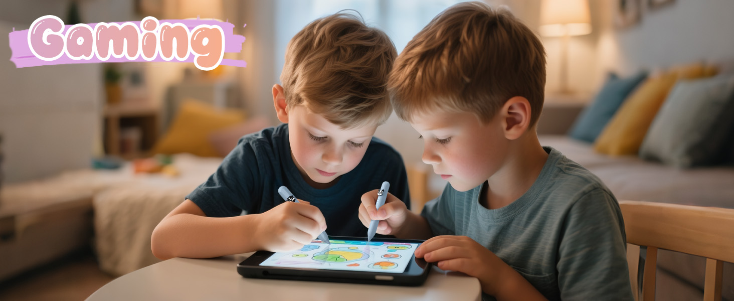 kids of all ages share with friends borther sister to play gaming doing homework drawing