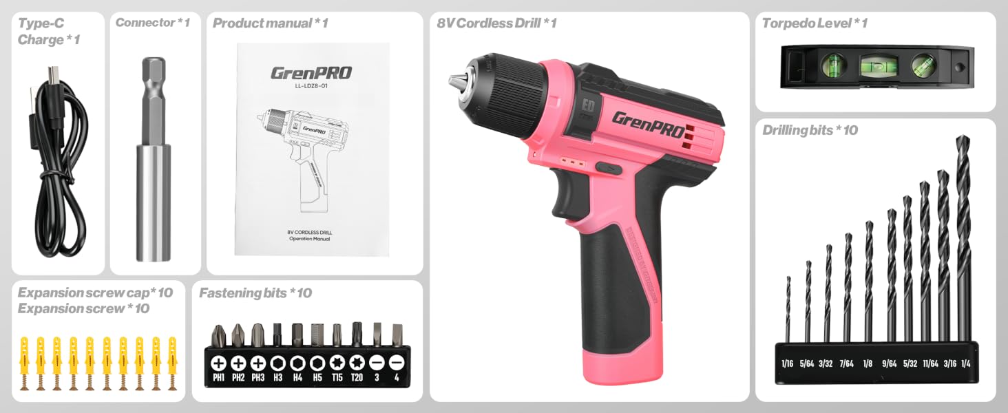 GRENPRO 8V Cordless Drill Set, Hot Pink Power Drill