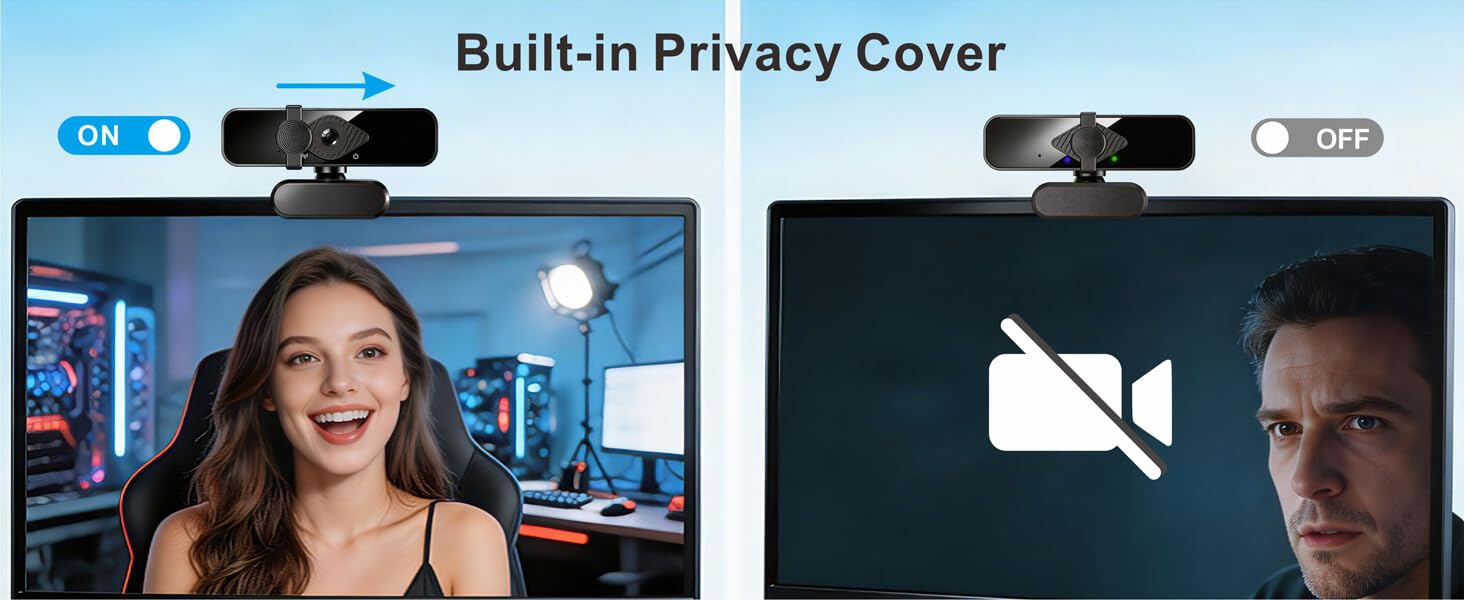 4K external webcam for PC monitor with privacy cover, physically block the lens when not in use.
