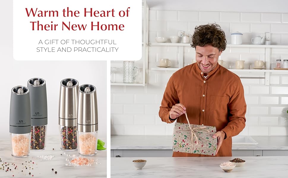 Split image of the both styles of grinder sets and a man opening a gift in a modern kitchen