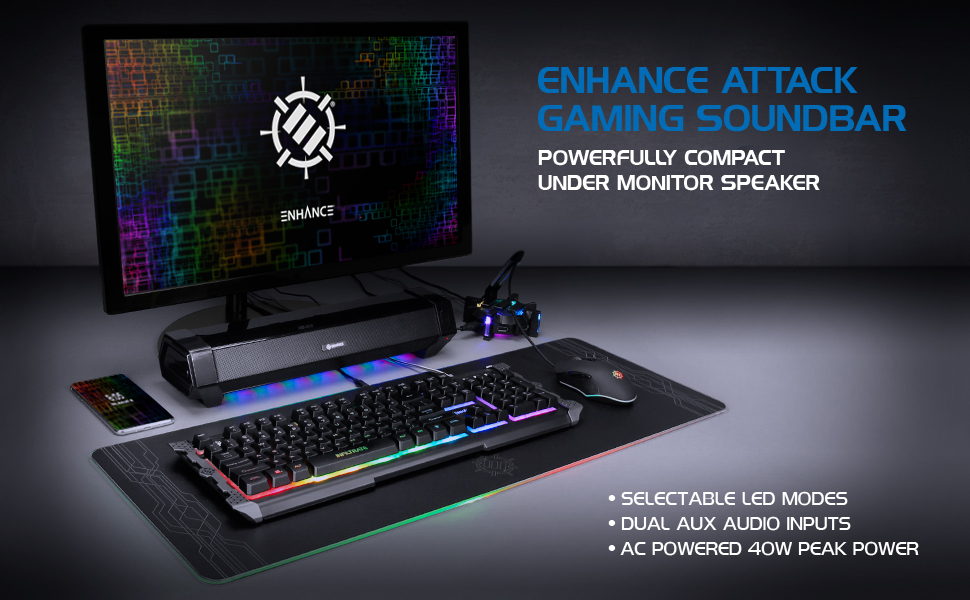 ENHANCE Attack Gaming Speaker Soundbar Under Monitor PC Sound Bar LED Speaker with 40W Peak Power