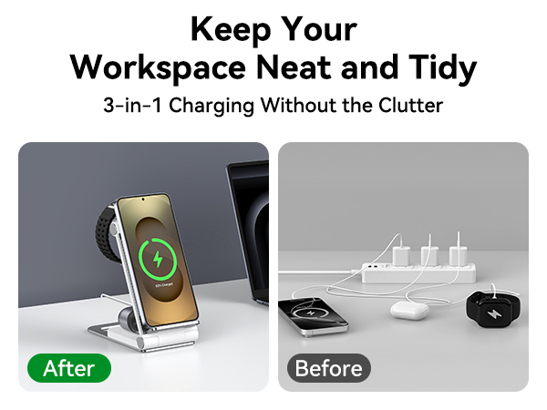 Text reads 'Keep Your Workspace Neat and Tidy' and '3-in-1 Charging Without the Clutter'. Before/After comparison of desk organization with charging station.
