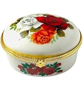 Evenchae Tiny Oval Porcelain Trinket Box | Rose Bouquet | French Style Gift Box with Velvet Bag