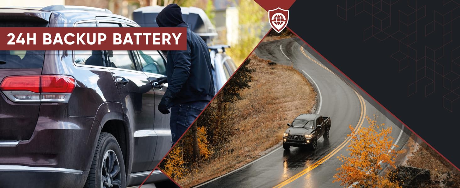 Composite image showing a car dashboard and a vehicle on a curvy road. Text overlay reads '24H BACKUP BATTERY' with a shield icon.