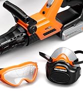 Orange and black battery-powered leaf blower with protective gear including orange safety goggles and black face mask.