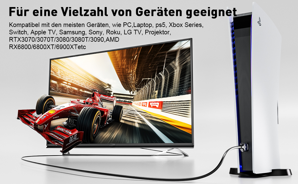 Gaming setup featuring a curved display monitor and vertical gaming console stand, with racing game graphics visible on screen.