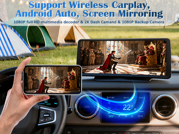 Carplay screen for car supports mirror your phone screen wirelessly for iOS and Android.