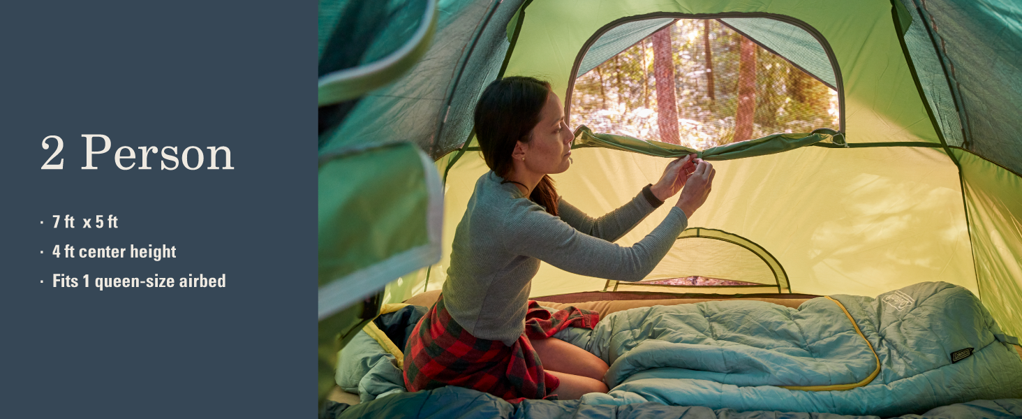 two person tent capacity green window screen sit bed girl plaid air mattress woods weather comfort