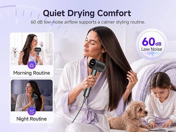 Quiet hair dryer with low-noise airflow for daily routines