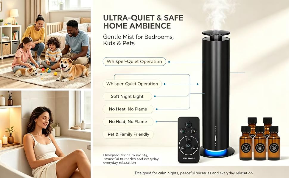 Text reads 'ULTRA-QUIET &amp; SAFE HOME AMBIENCE' and 'Gentle Mist for Bedrooms, Kids &amp; Pets' with feature bullet points. Black cylindrical humidifier with remote control and essential oil bottles shown in lifestyle settings.