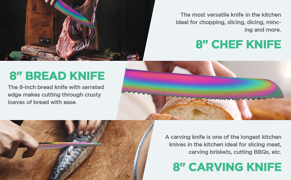 8" chef knife, 8" bread knife, 8" carving knife