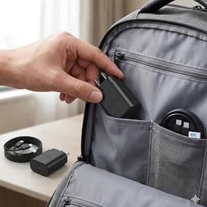 Compact 25W wall charger being packed into a travel backpack for on-the-go phone charging.