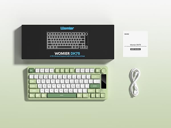 Displayed alongside its black packaging box, user manual, and white USB-C charging cable