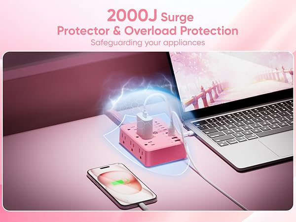 This pink surge protector features 2000J surge protection.