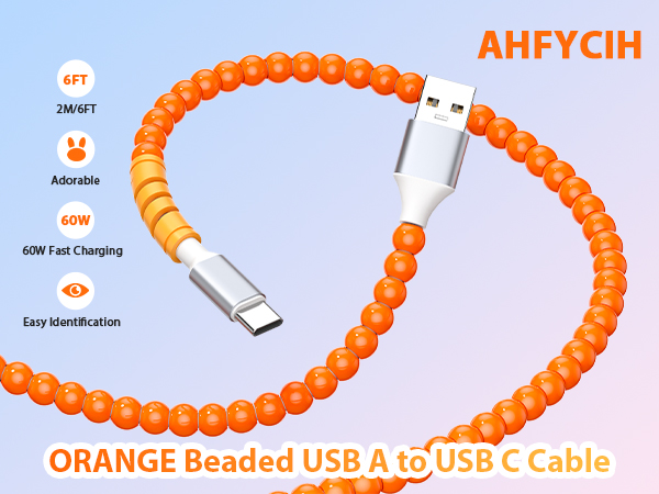 60W Beaded USB A to USB C Carplay Cable 6FT Long for iPhone 17 Pro Max 16 15
