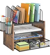 4-Tier Mesh Desk Organizer, Wooden Desk File Organizer with 5 Vertical File Holders and 2 Pen Hol...