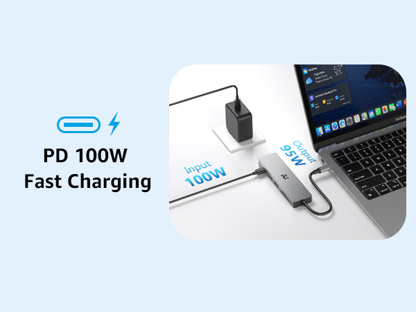 Text reads 'PD 100W' and 'Fast Charging'. Product images showing laptop charging setup with cable and power delivery capabilities illustrated.