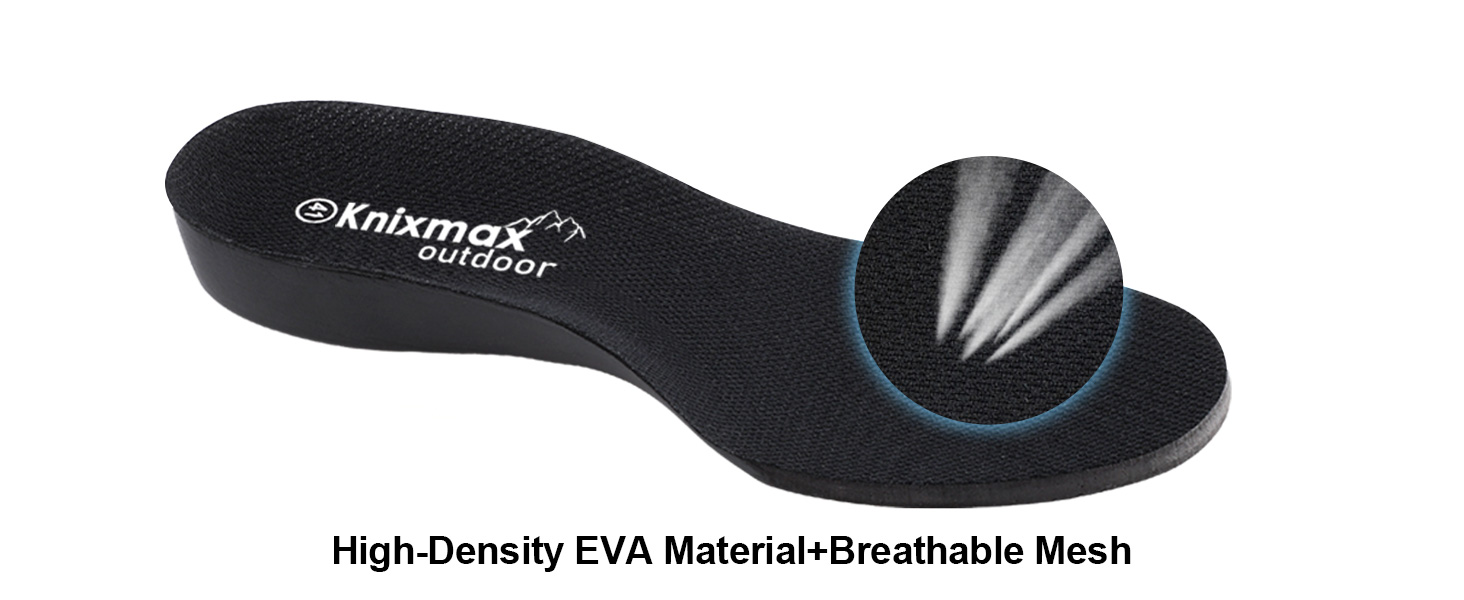 Black shoe insole with 'Knixmax' branding. Features high-density EVA material and breathable mesh, designed for foot support and comfort.