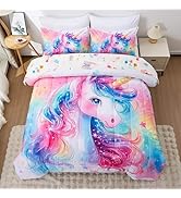 Btargot 5Pcs Twin Size Unicorn Bedding Set for Girls Kids, Colorful Gradual Star Bubbles Comforte...