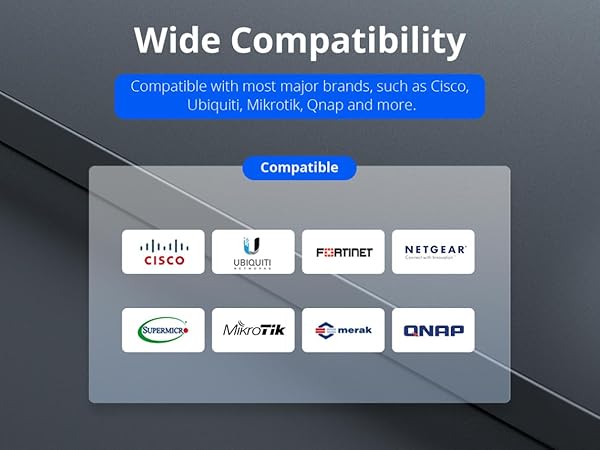 10G AOC Cable wide compatibility, such as Cisco, Ubiquiti, Negtear and more.
