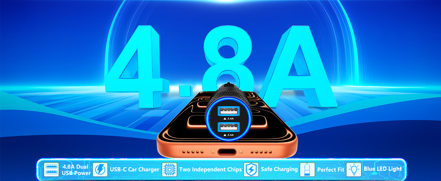 MFi Certified 2Pack 4.8A USB Car Power Cigarette Lighter Type-C Car Charger USB-C Carplay Charger