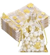 G2PLUS 50Pcs Fall Organza Drawstring Bags 4x6 In - Thanksgiving Organza Bags, White Sheer Mesh Po...