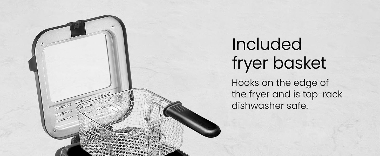 Hooks on the edge of the fryer and is top-rack dishwasher safe./