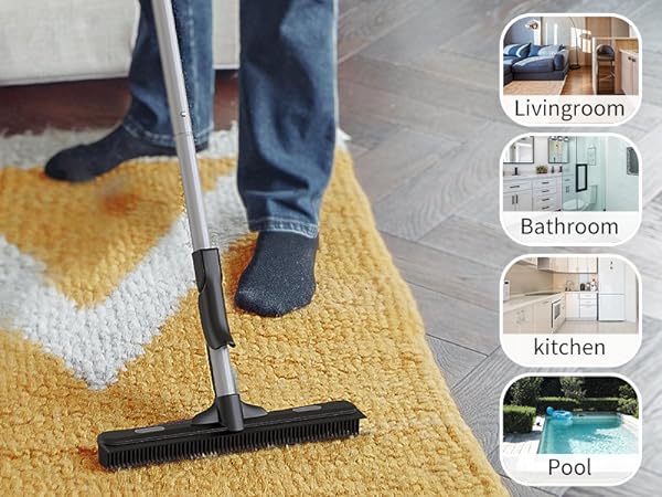 MR.SIGA Pet Hair Removal Rubber Broom with Built in Squeegee, 3 in 1 Floor Brush for Carpet