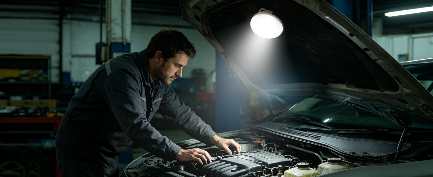 Mechanic repairing a car engine at night with an LED lantern hanging under the hood