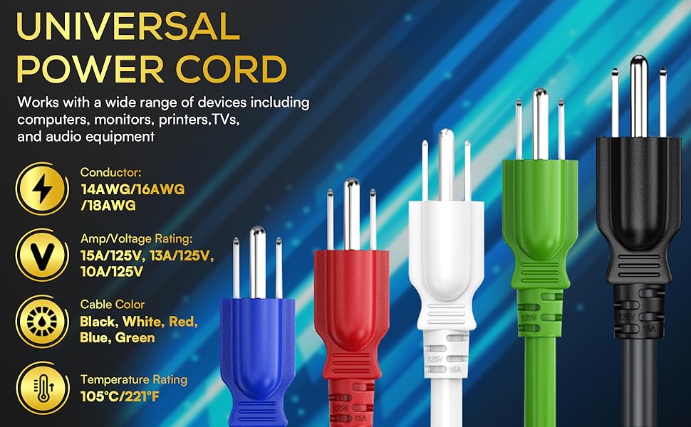 14 AWG Universal Power Cord IEC320 C13 to NEMA 5-15P