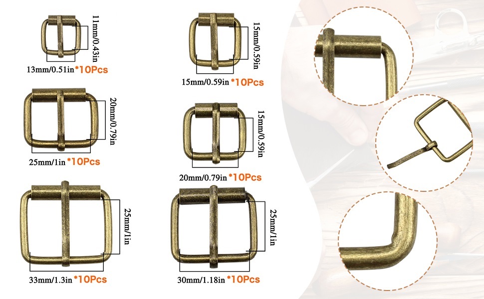 Assortment of brass-colored metal belt buckles in various sizes, ranging from 13mm to 50mm. Close-up views show construction details.