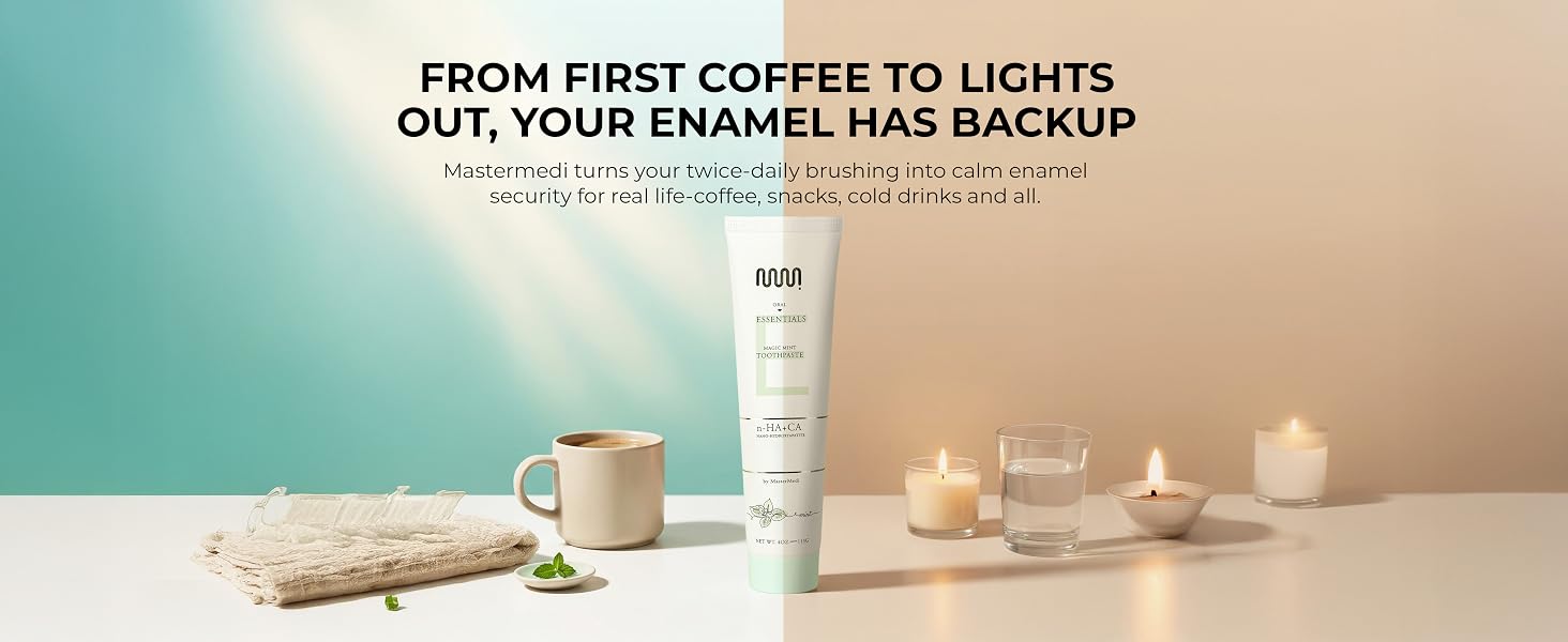 MasterMedi toothpaste on split morning and night sink with text about enamel backup